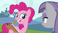 Pinkie Pie with a pencil and clipboard S7E4