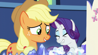 Applejack amused by Rarity's excitement S5E16