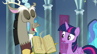 Discord flips through book pages S9E1