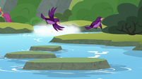 Purple birds flying over the stream S8E6
