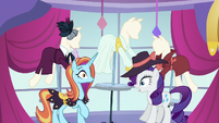 Rarity and Sassy surprised by door opening S5E15