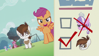 Scootaloo walking with Pipsqueak; ballot paper shows Diamond's head crossed out S5E18