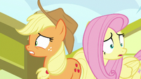 Applejack and Fluttershy look around nervously S6E20