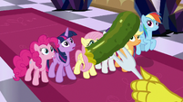 Mane Six looking at pickle on a fork S9E2