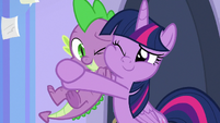 Twilight Sparkle tightly hugging Spike S9E25