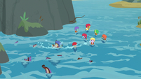 AJ, Dash, and students float in the stream S8E9