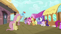 Rainbow Dash, telling her friends about the let down in Cloudsdale.