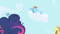 Rainbow Dash talks to Twilight from a cloud S1E01