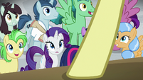 Rarity and ponies looking up at Flim S8E16