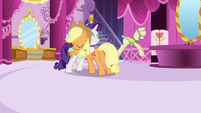 Rarity gratefully hugging Applejack S7E9