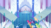 Main ponies and Peachbottom enter the castle S03E12