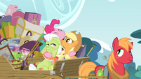 Pinkie Pie hugging the Apples S4E09