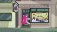 Pinkie Pie slams into rock pouch store door S6E3