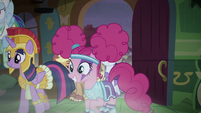 Rainbow, Twilight, and Pinkie enter the cottage S5E21