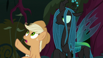 Fake Applejack pointing up in the trees S8E13