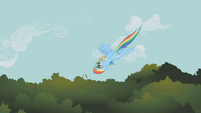 Rainbow Dash flying downward upside-down S1E09