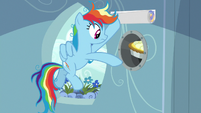 Rainbow tosses pie behind her wall poster S7E23