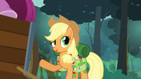 Applejack pointing at the cart full of Rarity's things S3E06