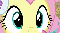 Fluttershy looking at Holly the Hearth Warmer MLPBGE