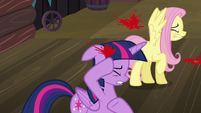 Twilight and Fluttershy shield themselves from tomatoes S5E23