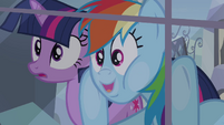 Twilight and Rainbow Dash looking through the window S03E12