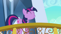 Twilight smiling on balcony S3E1