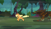 Applejack running away from the Timberwolf S3E9