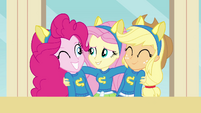 Fluttershy hugging Pinkie and Applejack EG