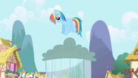 Rainbow Dash jumping on a rain cloud S1E01