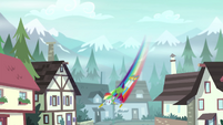 Rainbow Dash zipping down to the houses EG4