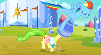 Rainbow pulling the flowerpot off Ms. Peachbottom's head S3E12