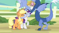 Discord touches Applejack's and Rarity's faces S4E11