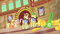 Applejack and Fluttershy approach Flim and Flam S6E20