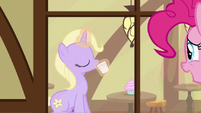 Pinkie looks at a pony drinking S5E19