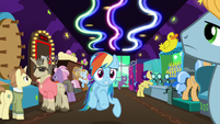 Rainbow Dash galloping through the arcade S8E5