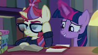 Twilight tries to talk to Moon Dancer S5E12