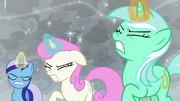Minuette, Twinkleshine and Lyra Heartstrings struggling to maintain the shield in .