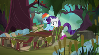 Rainbow and Rarity pushing the raft S8E17