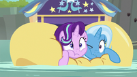 Starlight Glimmer and Trixie on a raft S8E19