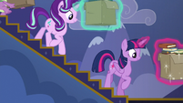 Spike and Starlight walking down the steps with Twilight.