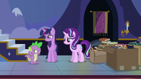 Twilight smiling at embarrassed Spike S6E25