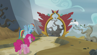 Rainbow and Pinkie leaving Griffonstone S5E8