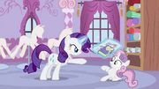 Rarity showing newspaper and her diary to Sweetie Belle S2E23