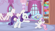 Rarity showing newspaper and her diary to Sweetie Belle S2E23