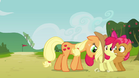 Applejack pushing Apple Bloom and Babs S3E08