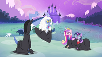 Discord, Twilight and Cadance wearing black robes S4E11