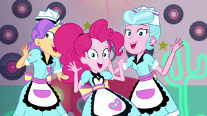 Pinkie Pie and diner waitresses making jazz hands SS15