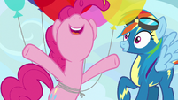 Pinkie Pie pops up in front of Rainbow Dash S7E23