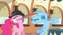 Pinkie Pie trying to pull Rainbow Dash's mane off S2E24