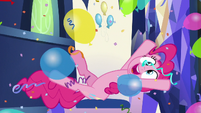 Pinkie tossing balloons and confetti from her throne S7E26